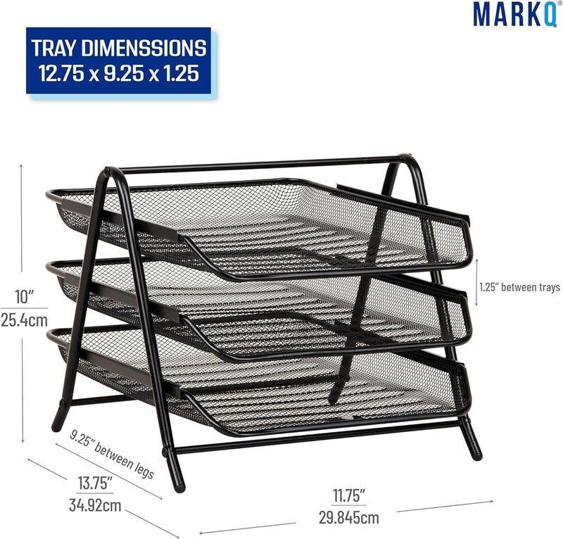 MARKQ 3 Tier Mesh Letter Tray, Office Filing Trays Holder, Desk Organizer with Stacking Supports, Metal Document Filing Paper Holder for School, Home & Office - Image 3