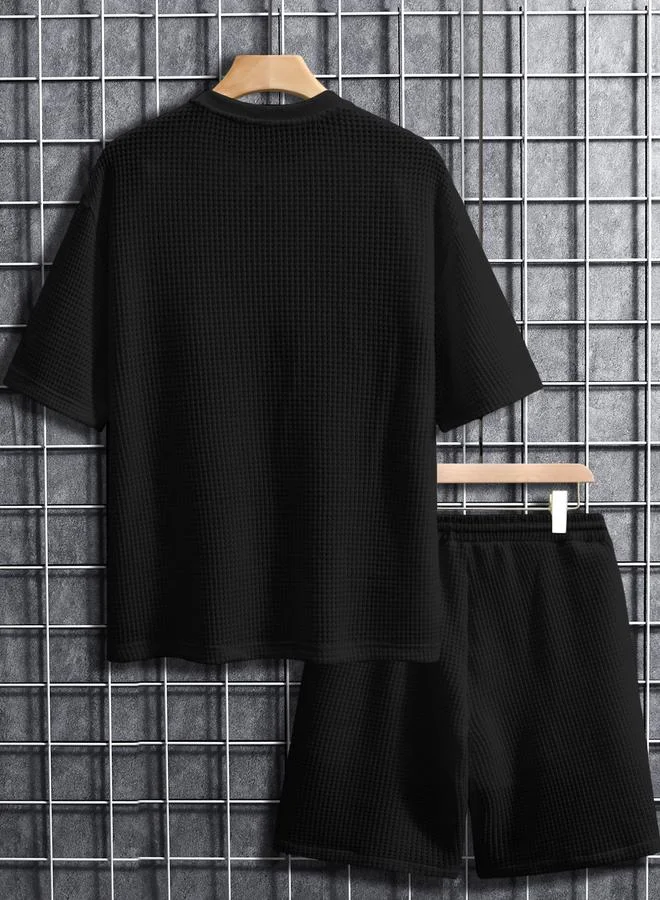 Take Two Men Black Waffle Knit T-Shirt and Shorts Set