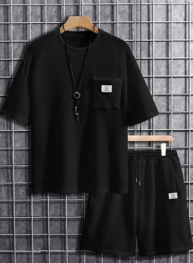 Take Two Men Black Waffle Knit T-Shirt and Shorts Set