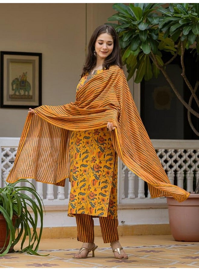 Vaamsi Women's Floral Straight Printed Kurta Pant With Dupatta Set (VKSKD2256_M_Yellow) - Image 5