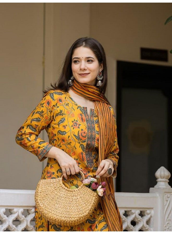 Vaamsi Women's Floral Straight Printed Kurta Pant With Dupatta Set (VKSKD2256_M_Yellow) - Image 2