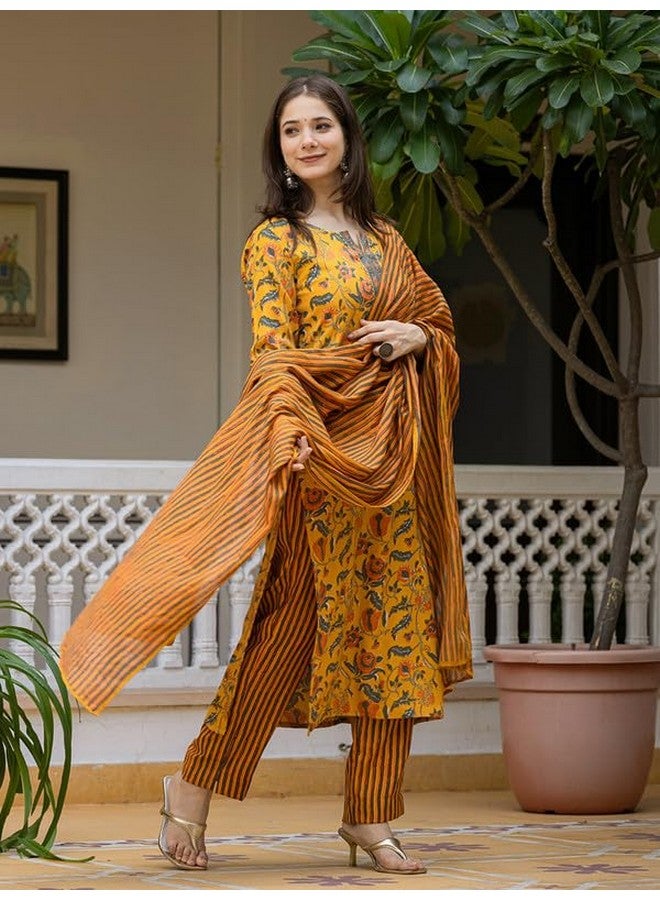 Vaamsi Women's Floral Straight Printed Kurta Pant With Dupatta Set (VKSKD2256_M_Yellow) - Image 3