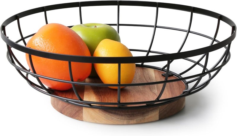 WILDMOS Fruit Basketblack Wire Basket with Acacia Wood Baselarge Fruit Bowl for Countertopblack Baskets for Fruits Breads Vegetables Storage 12inch - Image 1