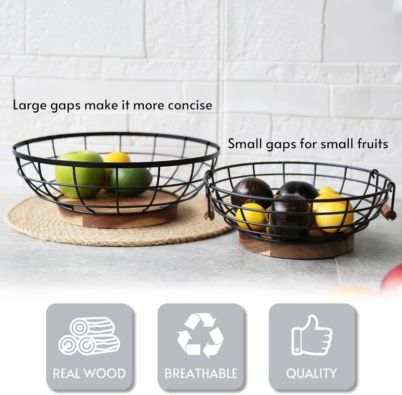 WILDMOS Fruit Basketblack Wire Basket with Acacia Wood Baselarge Fruit Bowl for Countertopblack Baskets for Fruits Breads Vegetables Storage 12inch - Image 4