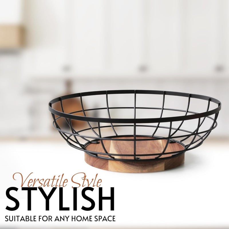 WILDMOS Fruit Basketblack Wire Basket with Acacia Wood Baselarge Fruit Bowl for Countertopblack Baskets for Fruits Breads Vegetables Storage 12inch - Image 2