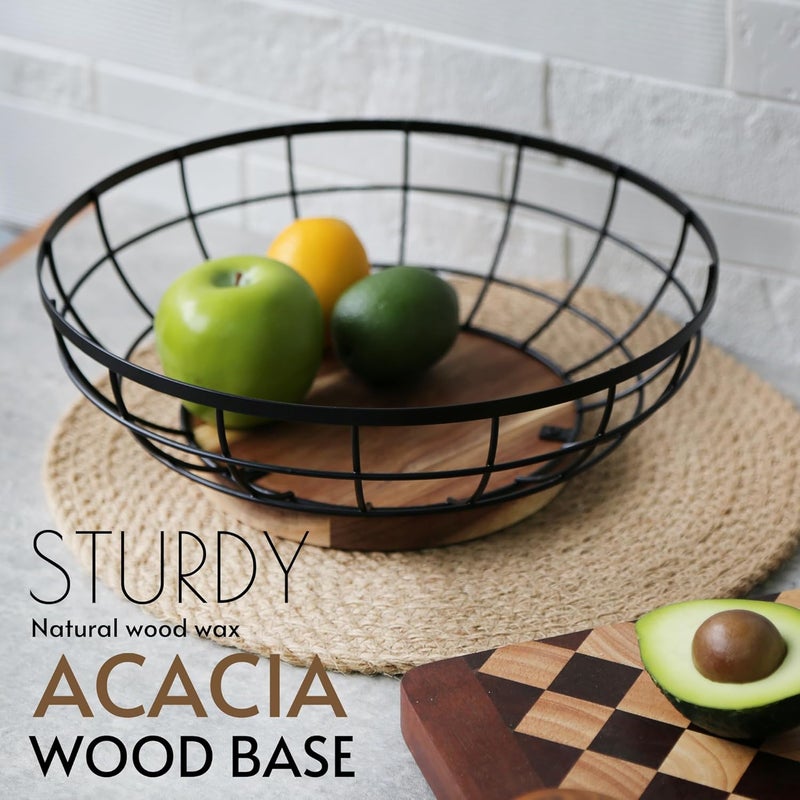 WILDMOS Fruit Basketblack Wire Basket with Acacia Wood Baselarge Fruit Bowl for Countertopblack Baskets for Fruits Breads Vegetables Storage 12inch - Image 3