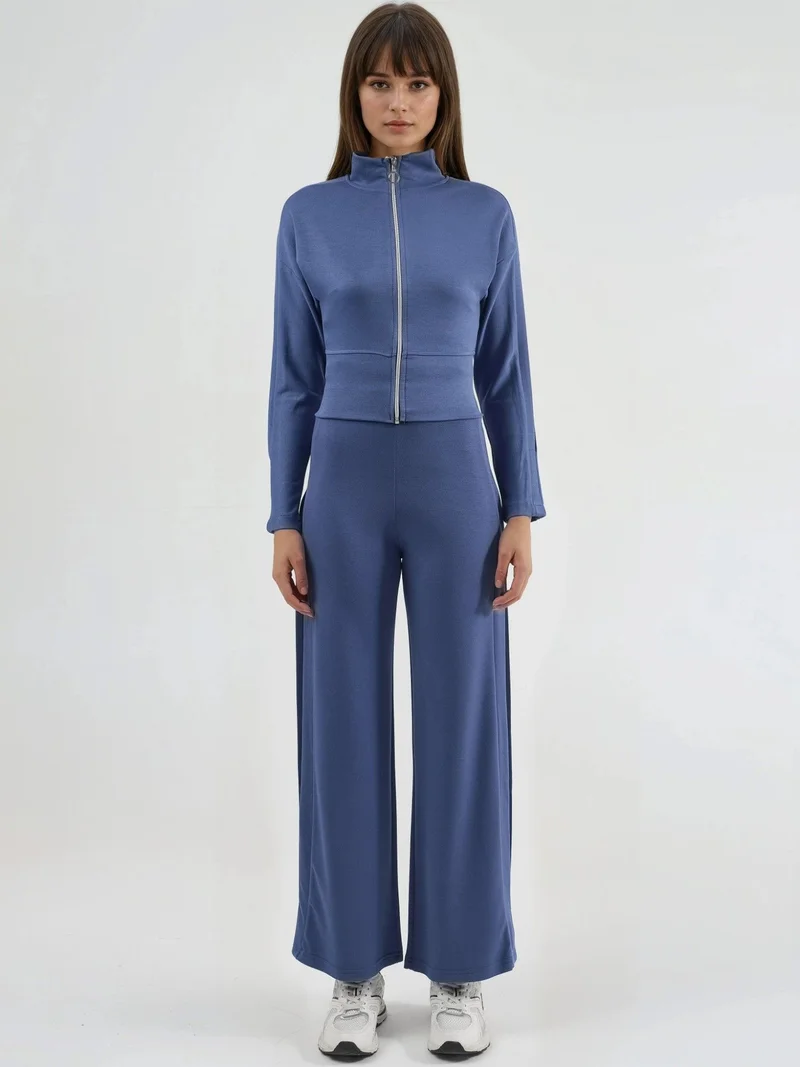 Hiccup Cornflower Blue Modal Touch High Waist Wide Leg Two-Piece Set with Zipper Collar Bersan Collection for Women | Best Price UAE