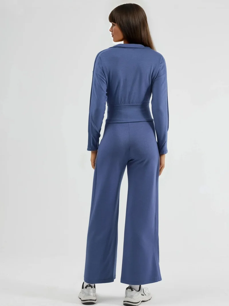 Hiccup Cornflower Blue Modal Touch High Waist Wide Leg Two-Piece Set with Zipper Collar Bersan Collection for Women | Best Price UAE