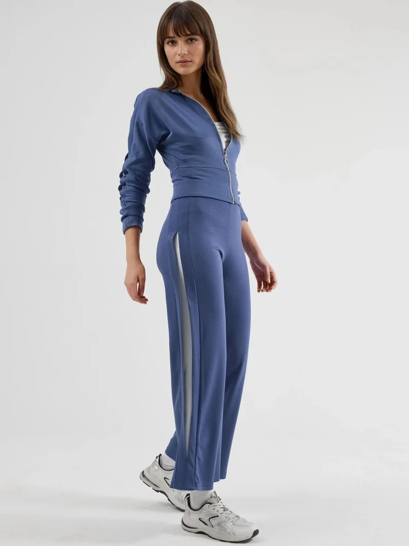 Hiccup Cornflower Blue Modal Touch High Waist Wide Leg Two-Piece Set with Zipper Collar Bersan Collection for Women | Best Price UAE