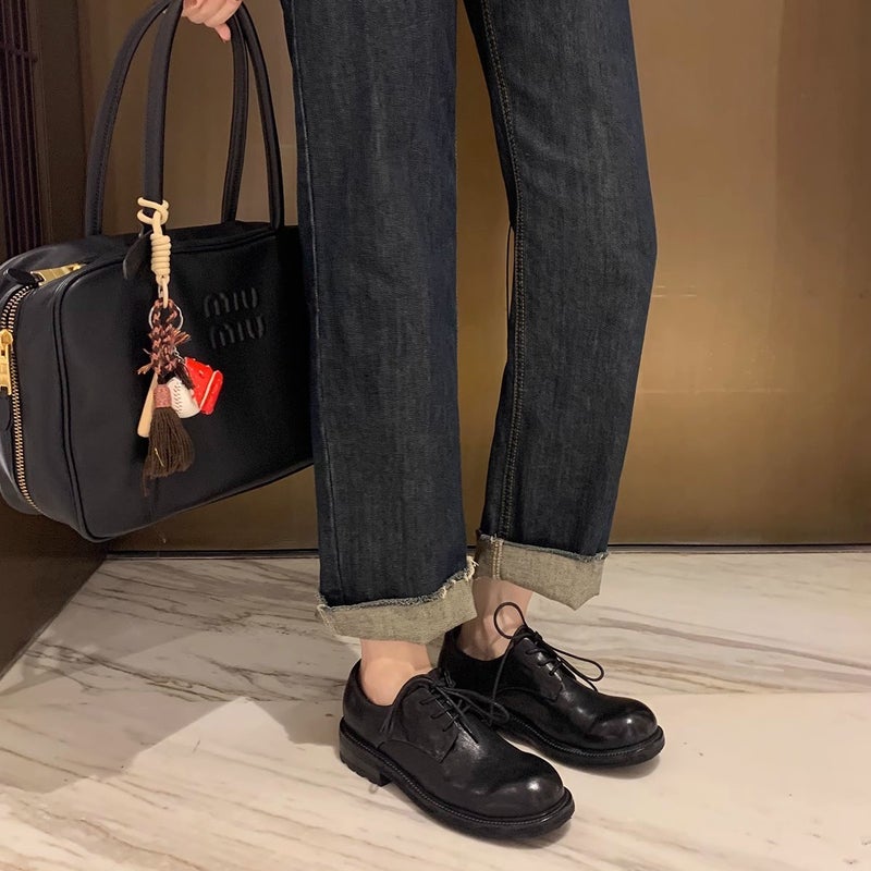 Washed Cowhide ~ Retro Genuine Leather Thick-Soled Loafers For Women, Autumn British Derby Shoes, One-Leg Lace-Up Small Leather Shoes - Image 3