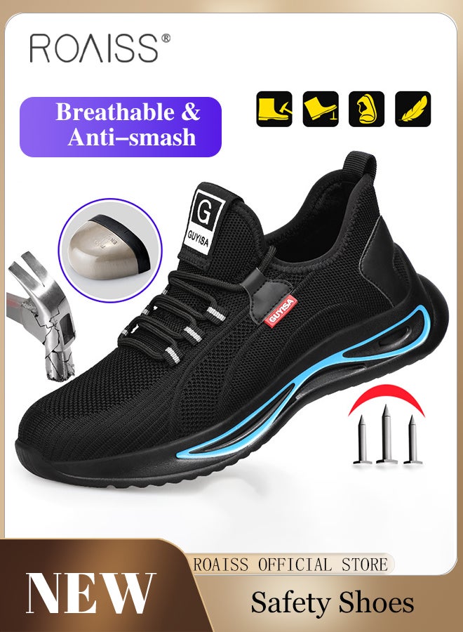 Men's European Standard Steel Toe Safety Shoes for Construction Site Work Fly Woven Anti Smash Anti Puncture Labor Protection Shoes Mens Non Slip Wear Resistant Breathable Sneakers Colorblock Sneakers