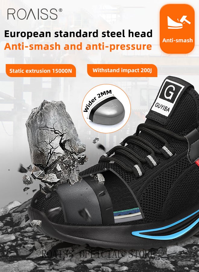 Men's European Standard Steel Toe Safety Shoes for Construction Site Work Fly Woven Anti Smash Anti Puncture Labor Protection Shoes Mens Non Slip Wear Resistant Breathable Sneakers Colorblock Sneakers