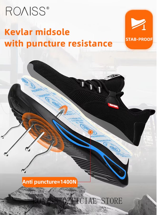Men's European Standard Steel Toe Safety Shoes for Construction Site Work Fly Woven Anti Smash Anti Puncture Labor Protection Shoes Mens Non Slip Wear Resistant Breathable Sneakers Colorblock Sneakers