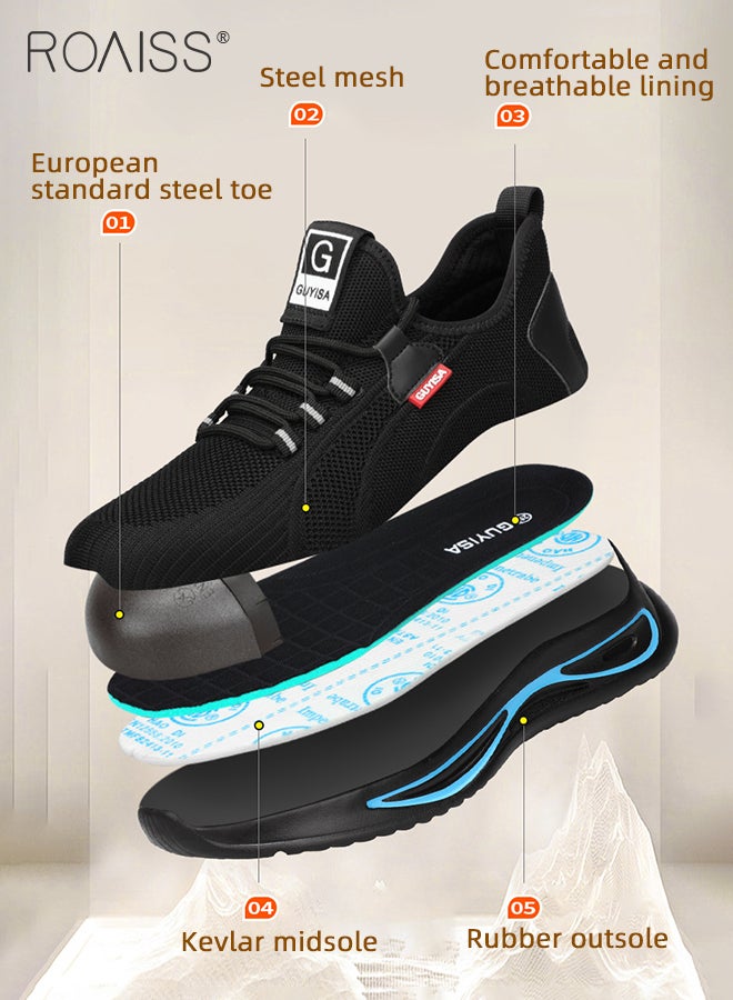 Men's European Standard Steel Toe Safety Shoes for Construction Site Work Fly Woven Anti Smash Anti Puncture Labor Protection Shoes Mens Non Slip Wear Resistant Breathable Sneakers Colorblock Sneakers