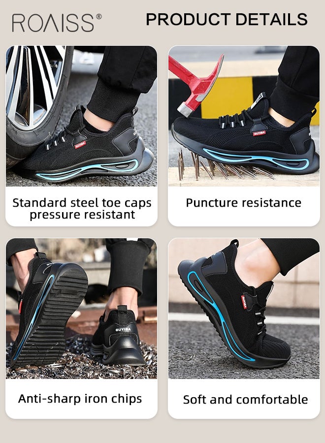 Men's European Standard Steel Toe Safety Shoes for Construction Site Work Fly Woven Anti Smash Anti Puncture Labor Protection Shoes Mens Non Slip Wear Resistant Breathable Sneakers Colorblock Sneakers