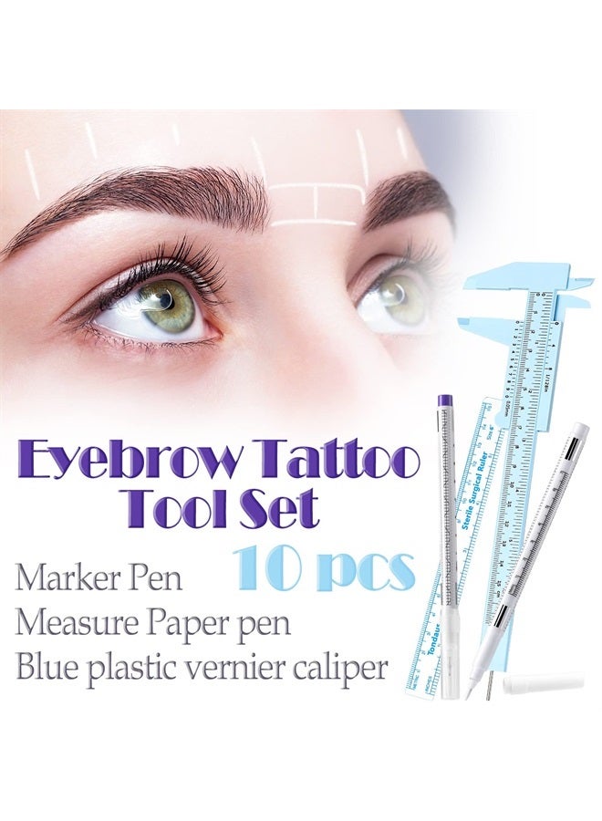 Teling مجموعة أدوات الحواجب 10 قطع 2 مسطرة قياس الحواجب 4 قلم علامة جلد أبيض للميكروبليدنج 4 مسطرة ورقية قلم علامة جلد أبيض أدوات رسم موضع المكياج الدائم للفنانين جلد الحواجب - Image 1