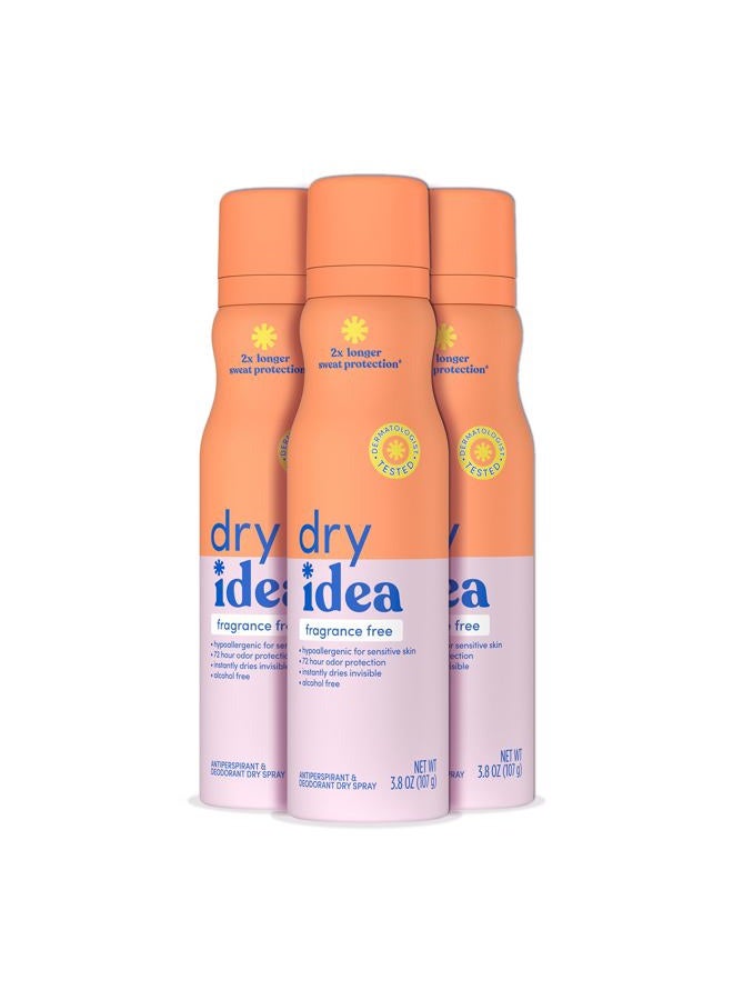 Dry Idea Dry Spray Deodorant & Antiperspirant | 2X Longer Sweat Protection | 72-Hour Odor Protection | Fragrance-Free & Hypoallergenic for Sensitive Skin, 3.8 oz. (3-Pack) - Image 1