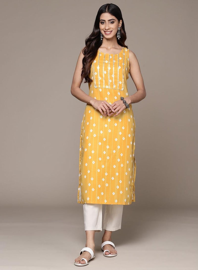 ISHIN Women's Silk Blend Mustard Straight Kurta - Image 1