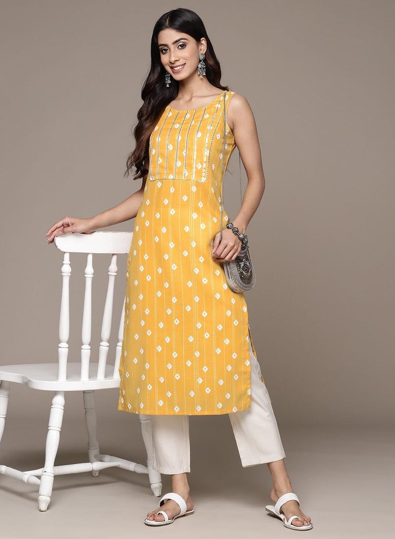 ISHIN Women's Silk Blend Mustard Straight Kurta - Image 5