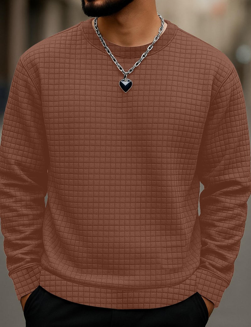 KAJARU Quilted Pattern Long Sleeve Sweatshirt, Round Neck, Men's Casual Pullover, Grey, Black, Beige (in, Alpha, L, Coffee) - Image 2