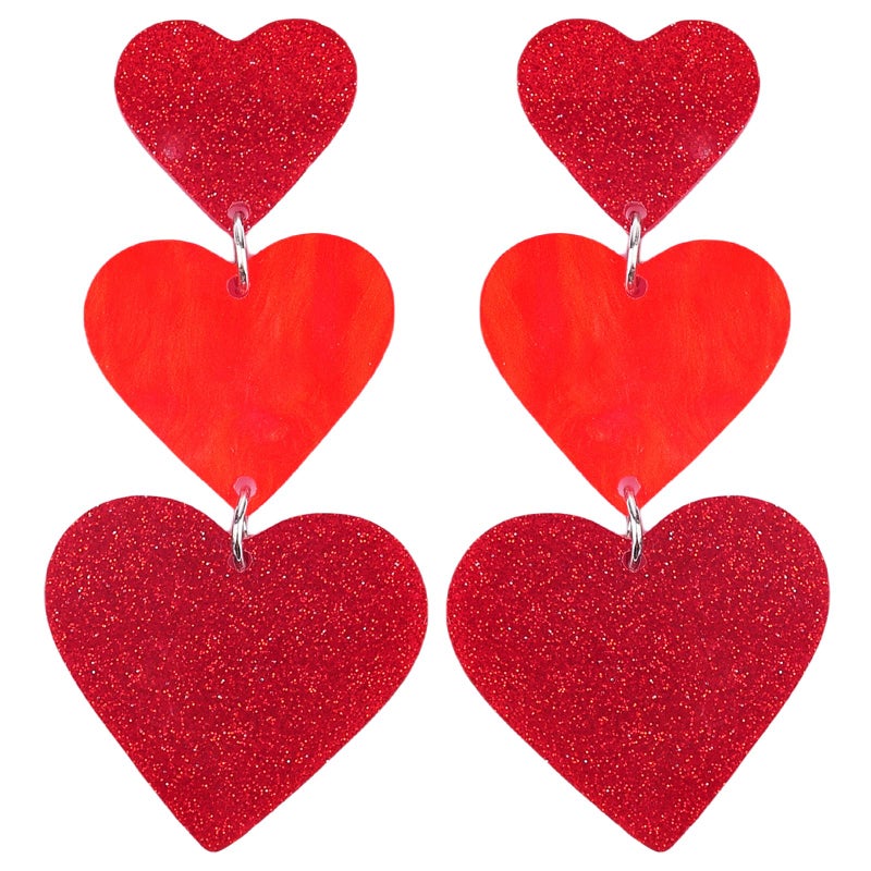Cifudec Heart Earrings Dangle Valentine's Day Earrings Heart Earrings Cute Love Dangling Heart Earrings for Women (3 Hearts Red) - Image 1