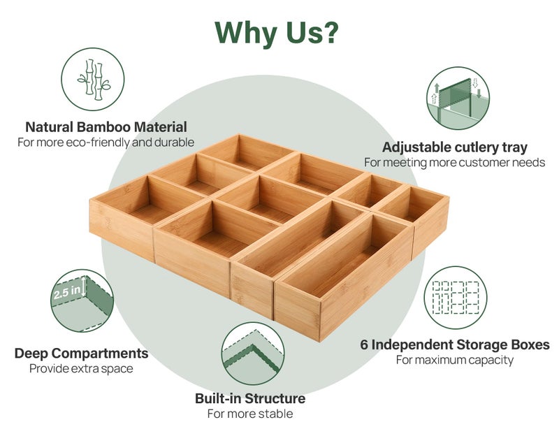 Kootek 6 Pcs Bamboo Drawer Organizer Utensil Tray Kitchen Storage Box 3-Size Versatile Dividers Cutlery Holders Bins Containers for Flatware Kitchen Utensils - Image 4