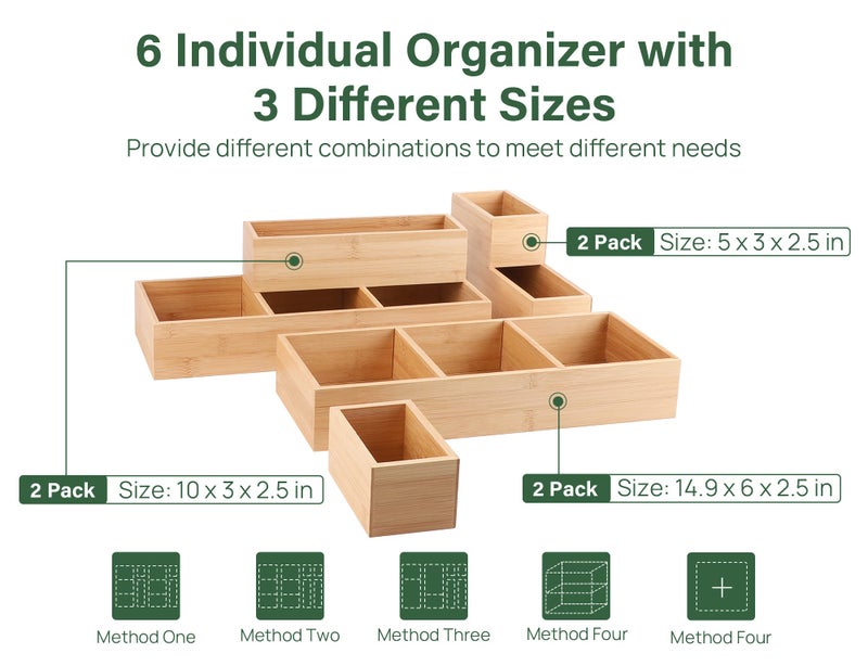 Kootek 6 Pcs Bamboo Drawer Organizer Utensil Tray Kitchen Storage Box 3-Size Versatile Dividers Cutlery Holders Bins Containers for Flatware Kitchen Utensils - Image 2