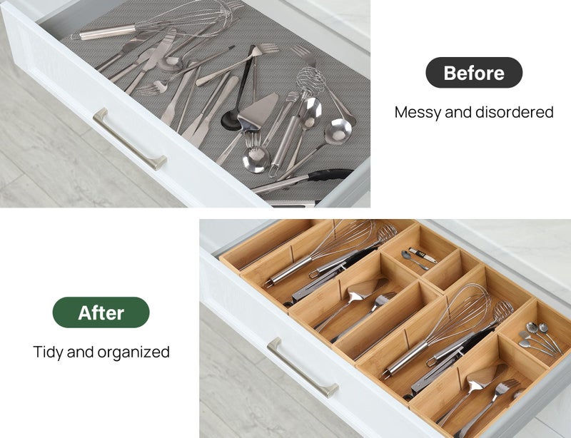 Kootek 6 Pcs Bamboo Drawer Organizer Utensil Tray Kitchen Storage Box 3-Size Versatile Dividers Cutlery Holders Bins Containers for Flatware Kitchen Utensils - Image 3