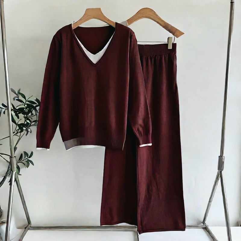 Retro V-Neck Knit Top with Loose Leg Pants Casual Two-Piece Set - Image 2
