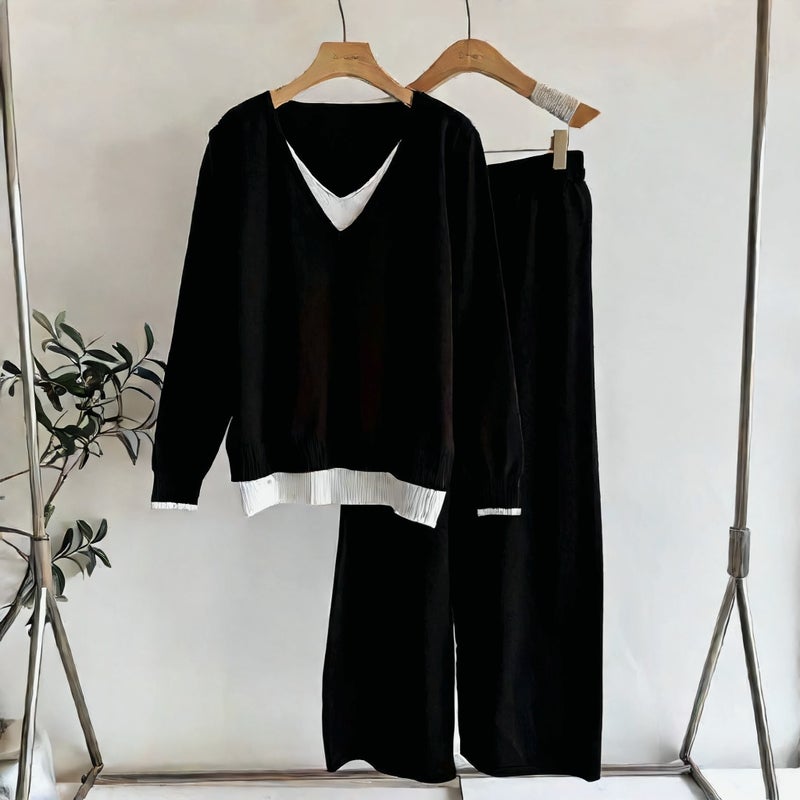 Retro V-Neck Knit Top with Loose Leg Pants Casual Two-Piece Set - Image 4