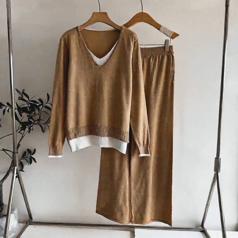 Retro V-Neck Knit Top with Loose Leg Pants Casual Two-Piece Set - Image 5