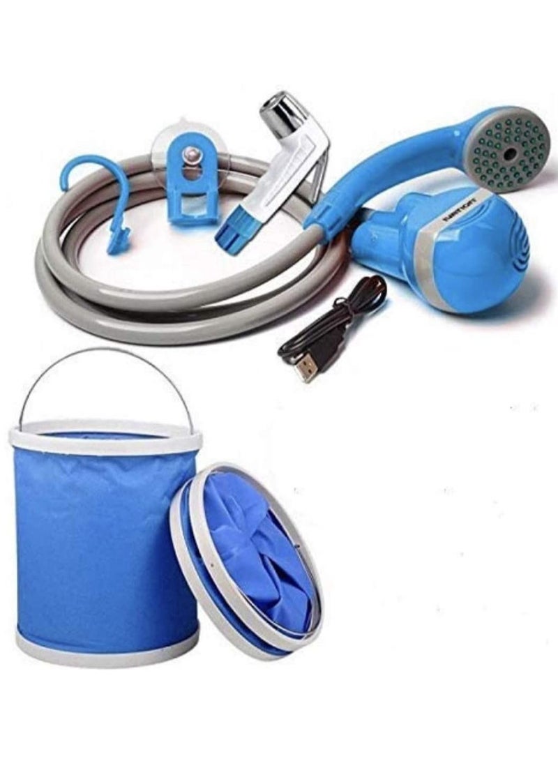DubaiGallery Portable Bathroom Shower Set Bath Camping Shower Indoor Outdoor Baby Shower Head Nozzle Washer Handheld Pump Kit USB Charge Blue - Image 3