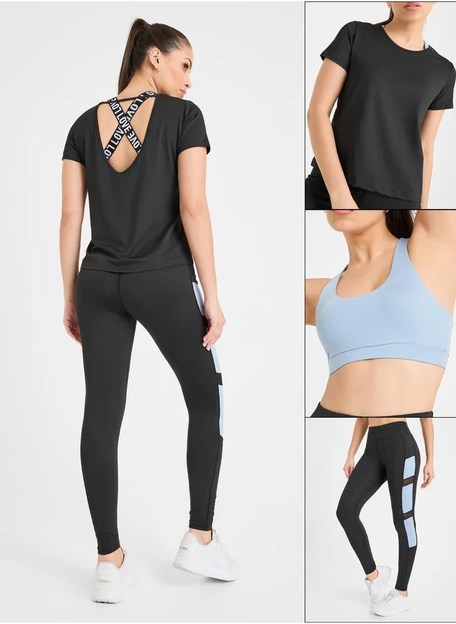 ستايلي Styli Pack of 3 - Solid Top- Slogan Print Strap Sports Bra and Leggings