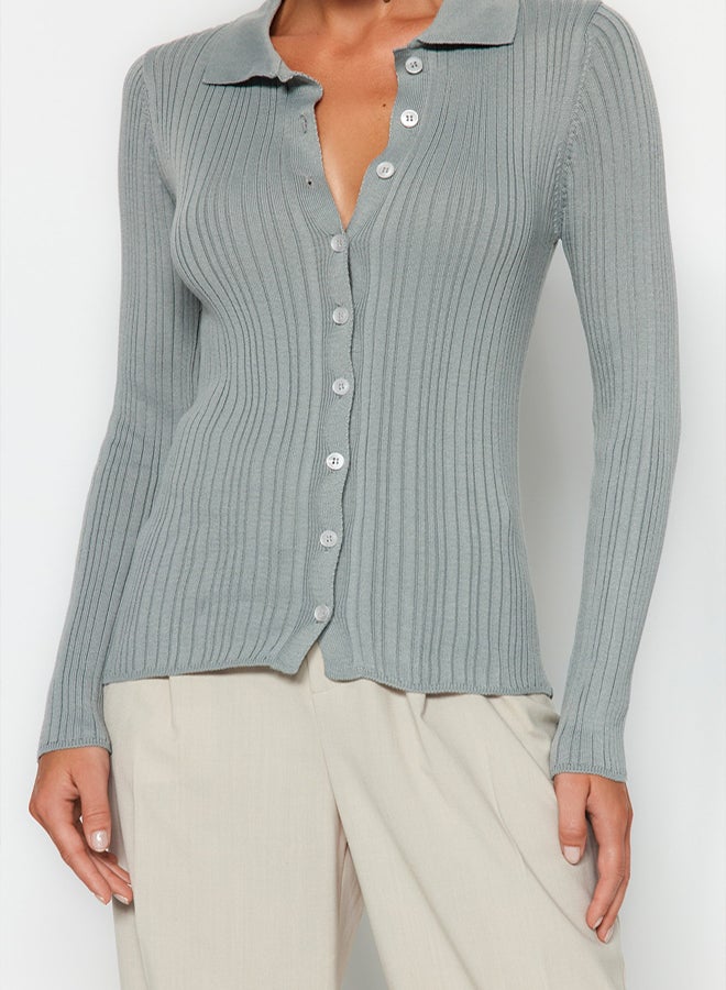 trendyol Mercerized Look Ribbed Polo Collar Knitwear Cardigan - Image 3
