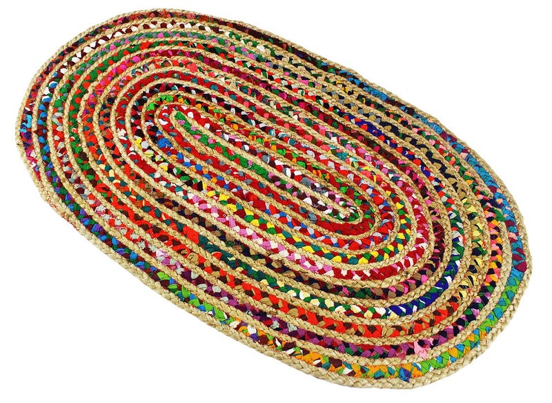 Cotton Craft سجادة راج من جوت تشيندي من كوتون كرافت - سجادة ريفية بوهيمية - مصنوعة يدويًا وقابلة للعكس من القطن المعاد تدويره - ديكور منزلي هدية - 3' x 5' بيضاوية - متعددة الألوان - Image 5