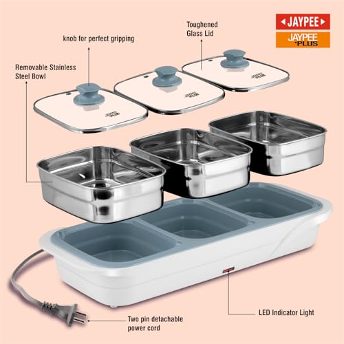 Jaypee Plus E-3 Bowl Electrical Serving Casserole Chafing Dish,1000ml Each|Stainless Steel 3 Dish Food Buffet Server |3 in 1 Electiric Bowl for Reheating Food, White - Image 3
