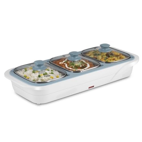 Jaypee Plus E-3 Bowl Electrical Serving Casserole Chafing Dish,1000ml Each|Stainless Steel 3 Dish Food Buffet Server |3 in 1 Electiric Bowl for Reheating Food, White - Image 1