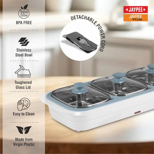 Jaypee Plus E-3 Bowl Electrical Serving Casserole Chafing Dish,1000ml Each|Stainless Steel 3 Dish Food Buffet Server |3 in 1 Electiric Bowl for Reheating Food, White - Image 4