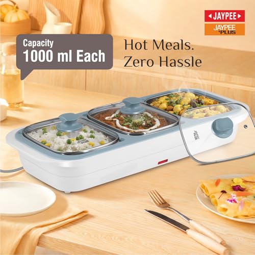 Jaypee Plus E-3 Bowl Electrical Serving Casserole Chafing Dish,1000ml Each|Stainless Steel 3 Dish Food Buffet Server |3 in 1 Electiric Bowl for Reheating Food, White - Image 2