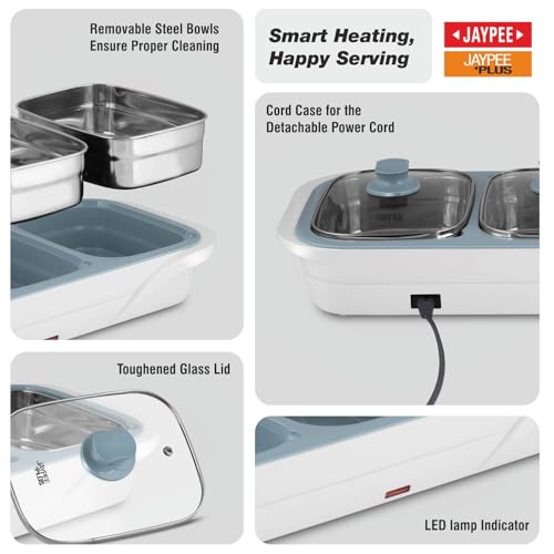 Jaypee Plus E-3 Bowl Electrical Serving Casserole Chafing Dish,1000ml Each|Stainless Steel 3 Dish Food Buffet Server |3 in 1 Electiric Bowl for Reheating Food, White - Image 5