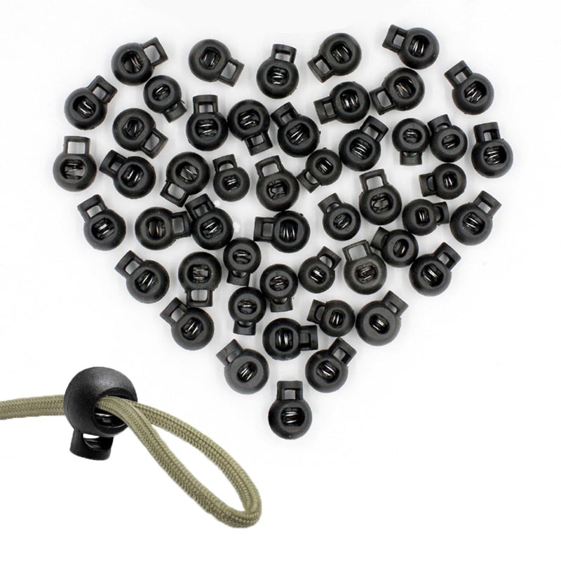 Hysagtek 100 Pcs Plastic Cord Locks For Drawstrings  Adjustable Round Single Hole Spring Toggles Cord Stops Cord Stoppers For Paracord  Shoelaces  Pants  Sports  Black - Image 1