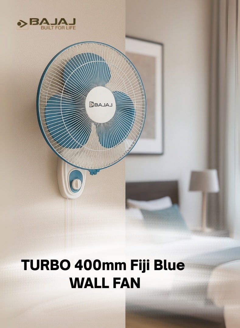 Bajaj Turbo 400mm Wall Fan | High-Speed 16 Inch Wall-Mounted Fan with Powerful Air Delivery, 3 Speed Settings, Oscillation & Stylish Fiji Blue Finish – 55 W 252107 blue - Image 1