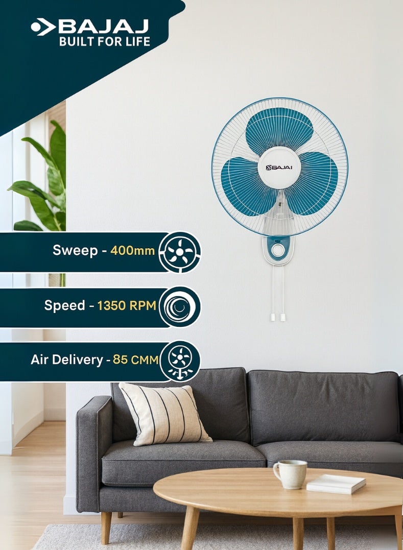 Bajaj Turbo 400mm Wall Fan | High-Speed 16 Inch Wall-Mounted Fan with Powerful Air Delivery, 3 Speed Settings, Oscillation & Stylish Fiji Blue Finish – 55 W 252107 blue - Image 3