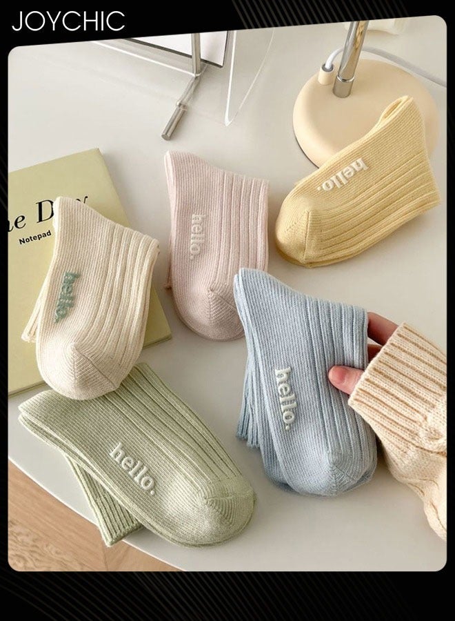 Joychic زوج من 5 جوارب نسائية جديدة من القطن للربيع والخريف على الطراز الكوري بلون كريمي بتصميم حروف جوارب مزدوجة الإبرة - Image 2