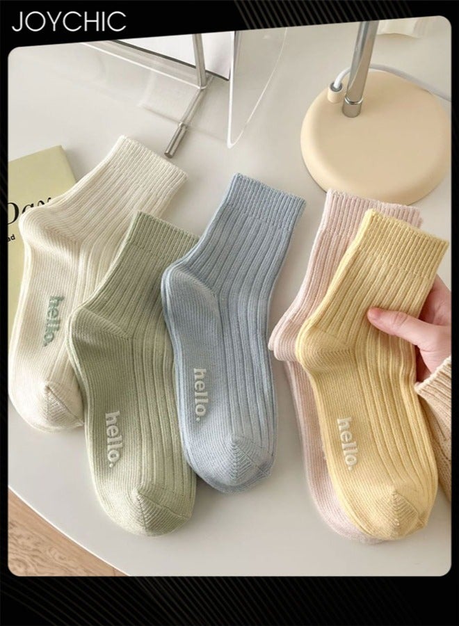 Joychic زوج من 5 جوارب نسائية جديدة من القطن للربيع والخريف على الطراز الكوري بلون كريمي بتصميم حروف جوارب مزدوجة الإبرة - Image 1