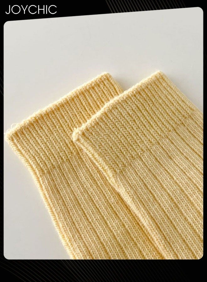 Joychic زوج من 5 جوارب نسائية جديدة من القطن للربيع والخريف على الطراز الكوري بلون كريمي بتصميم حروف جوارب مزدوجة الإبرة - Image 5