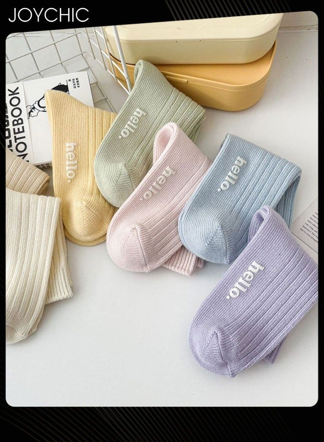 Joychic زوج من 5 جوارب نسائية جديدة من القطن للربيع والخريف على الطراز الكوري بلون كريمي بتصميم حروف جوارب مزدوجة الإبرة - Image 3