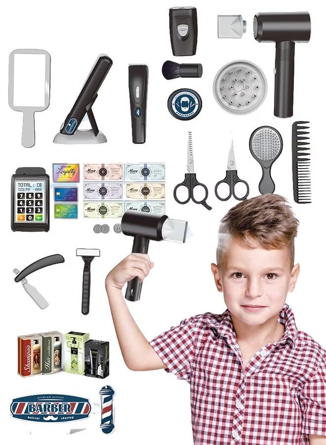 25 Pcs Barber Shop Pretend Play Set Shaving Toy for Boys, Beauty Hair Salon Toy Kit with Realistic Hairdryer,Mirror, Scissors Styling Accessories,Toddler Shaving Kit and Styling Toy Set Birthday Gift - Image 5