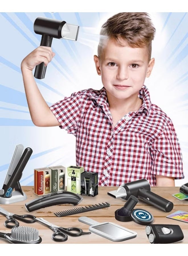 25 Pcs Barber Shop Pretend Play Set Shaving Toy for Boys, Beauty Hair Salon Toy Kit with Realistic Hairdryer,Mirror, Scissors Styling Accessories,Toddler Shaving Kit and Styling Toy Set Birthday Gift - Image 1