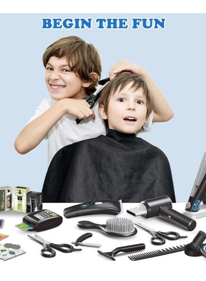25 Pcs Barber Shop Pretend Play Set Shaving Toy for Boys, Beauty Hair Salon Toy Kit with Realistic Hairdryer,Mirror, Scissors Styling Accessories,Toddler Shaving Kit and Styling Toy Set Birthday Gift - Image 2
